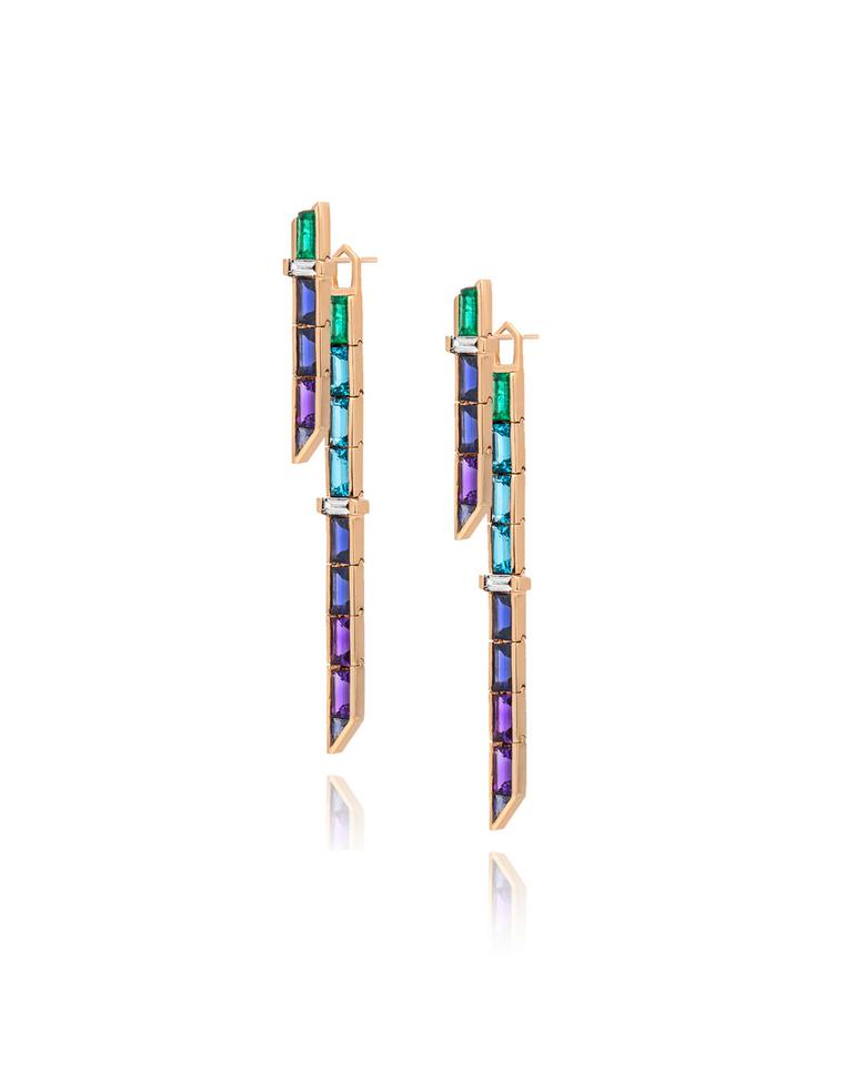 Tomasz Donocik combo drop Electric Night earrings in rose gold with amethyst, tanzanite, iolite and blue topaz.
